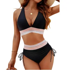 Women High Waisted Bikini Sets Tummy Control Swimsuits Color Block 2 Piece Drawstring Bathing Suit Modest Swimming Wear FathersDayGift