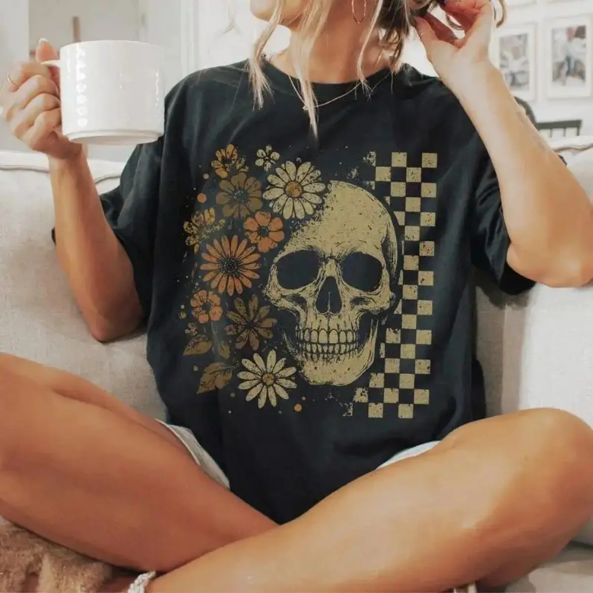 Oversized Graphic Tee Skull Floral Checkerboard T-Shirt | Vintage Wildflower Skull Graphic Tee | Boho Gothic Flower Shirt | Retro Grunge Streetwear | Edgy Floral Skull Gift Oversized Boxy Fit Streetwear Basics Unisex T-shirts S-5XL,cnashirt,Muppet,coucou