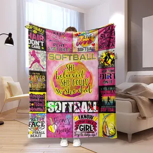 Softball Pattern Blanket, Slogan Print Blanket, 1/2 Counts Soft Throw Blanket, Air-conditioned Room Blanket, Warm Nap Blanket for Home & Office, Gift for Softball Player