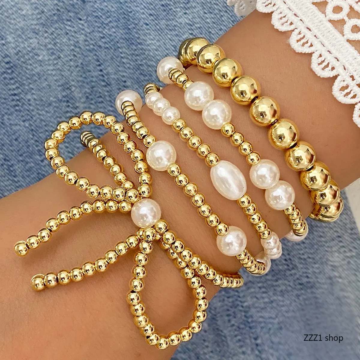 Women's Gold Beaded Sports Wristbands Set - Chunky Pearl, Coquette Bow, Ball Chain Unisex Jewelry Accessories, Fashionable Stack Bracelets, Boho Beach Gift for All Seasons, Bangle, Chunky Pearls