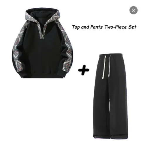 Men's 2-Piece Athleisure Tracksuit - Quarter-Zip Long Sleeve Hoodie, Straight Leg Joggers, Fleece-Lined Unisex Fit Knitted Ethnic Pattern Fitness Apparel, Casual Athletic Wear (Dry Clean, S, M)