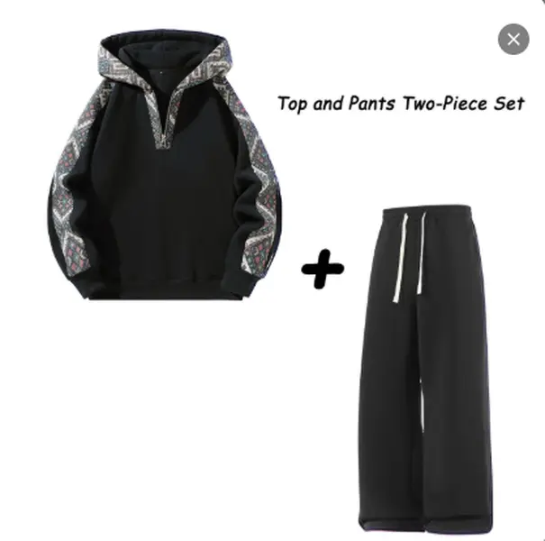 Fleece-Lined 2-Piece Tracksuit, Unisex Knitted Set with Ethnic Pattern, Quarter-Zip Hoodie and Straight-Leg Joggers, 2 Piece Sets, Knitting, Fitted, Outdoor, S, M