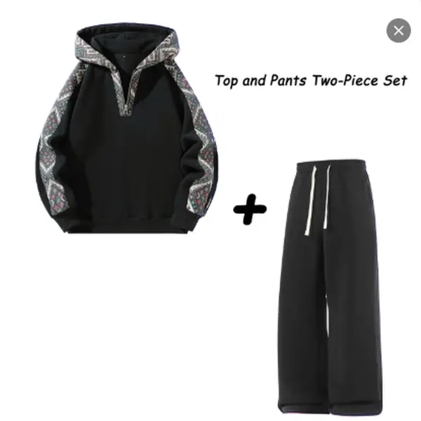 Men's 2-Piece Athleisure Tracksuit - Quarter-Zip Long Sleeve Hoodie, Straight Leg Joggers, Fleece-Lined Unisex Fit Knitted Ethnic Pattern Fitness Apparel, Casual Athletic Wear (Dry Clean, S, M)