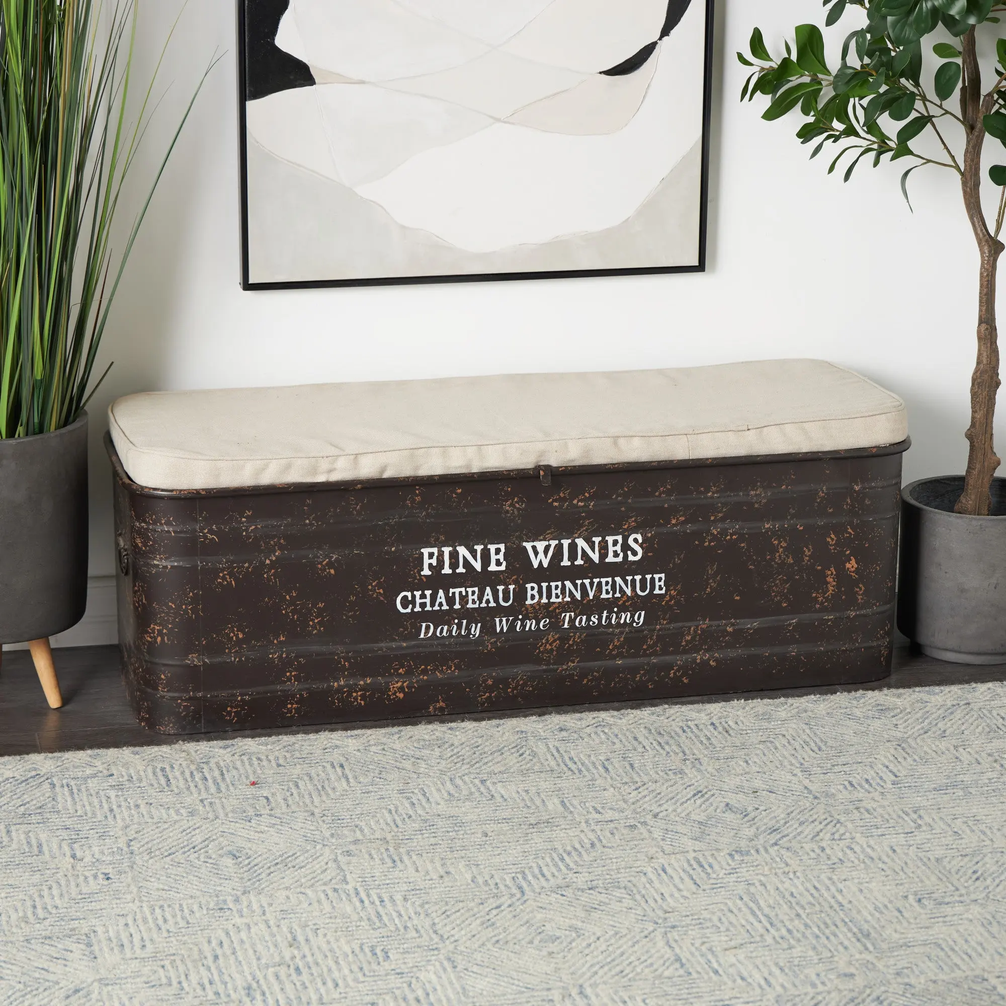 Text Brown Metal Room Storage Bench with Cream Burlap Top and Champagne Typography