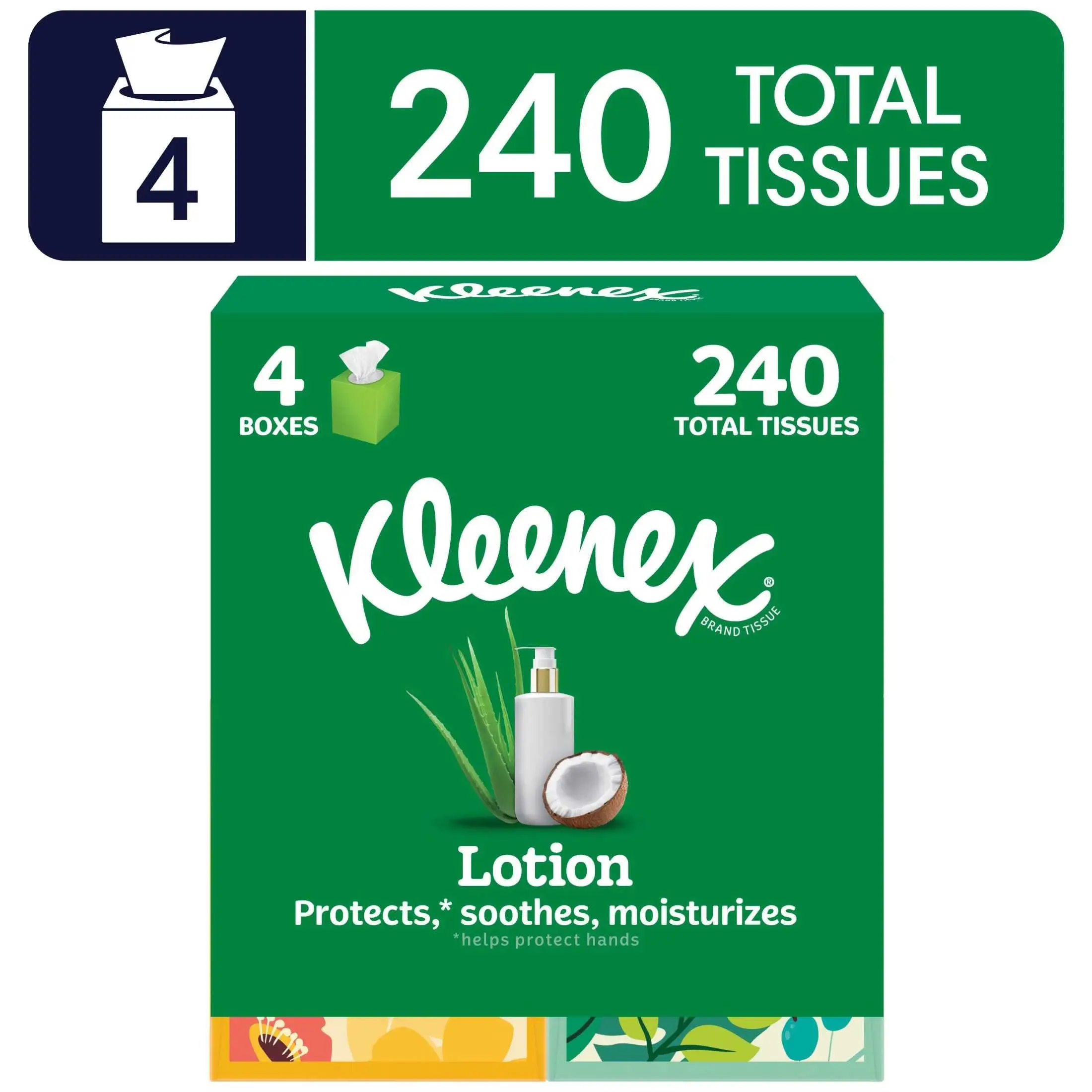 Kleenex Lotion with Coconut Oil 3-Ply Cube Box Facial Tissues, 4 Pack (240 Total Tissues)
