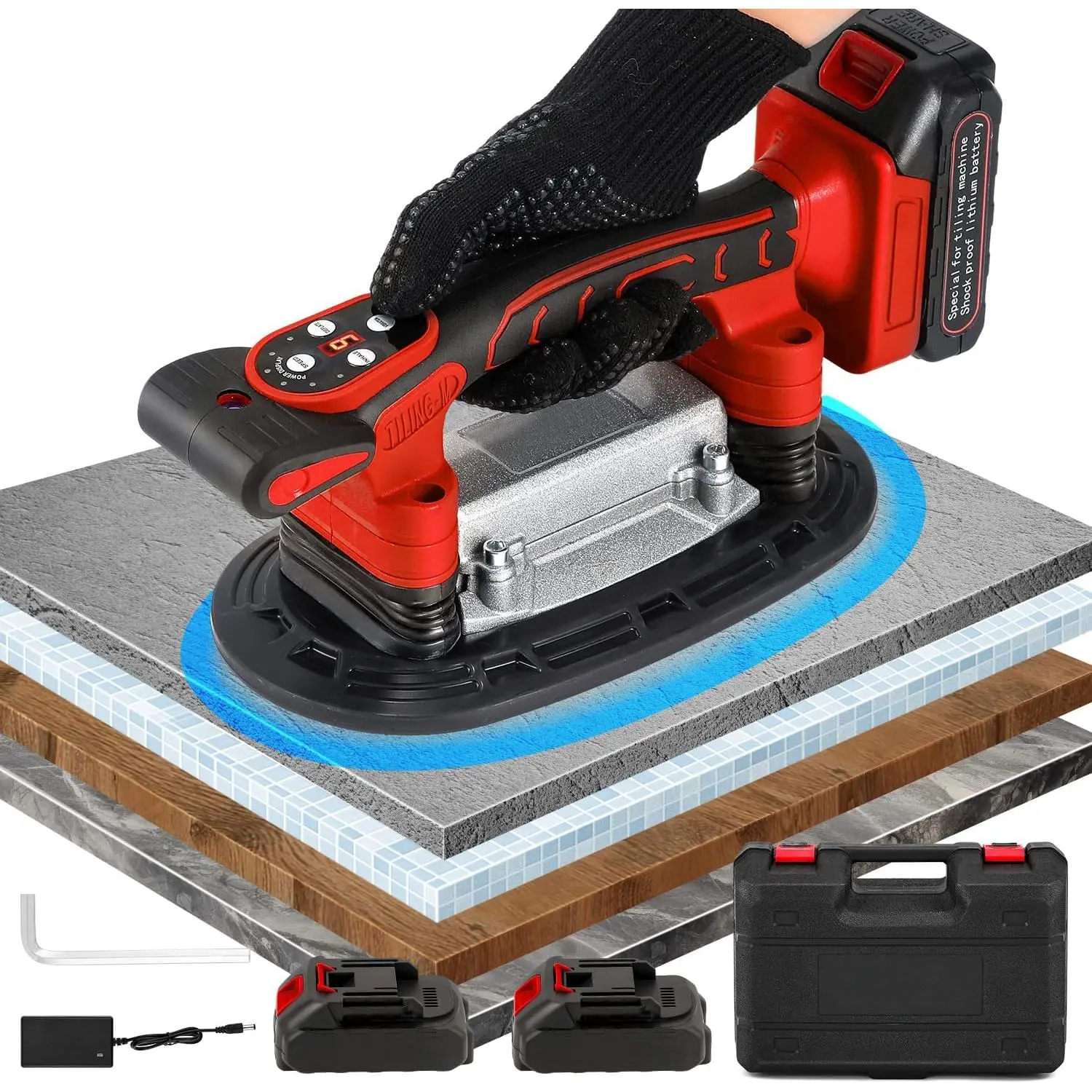 Tile Vibration Tool 250mm Suction Cup 882lbs/400kg Adsorption Handheld Tile Installation Leveling Machine Tile Vibrator Tool for Tiling Leveling Laying Max.28000r/Min 9 Speeds (Red)