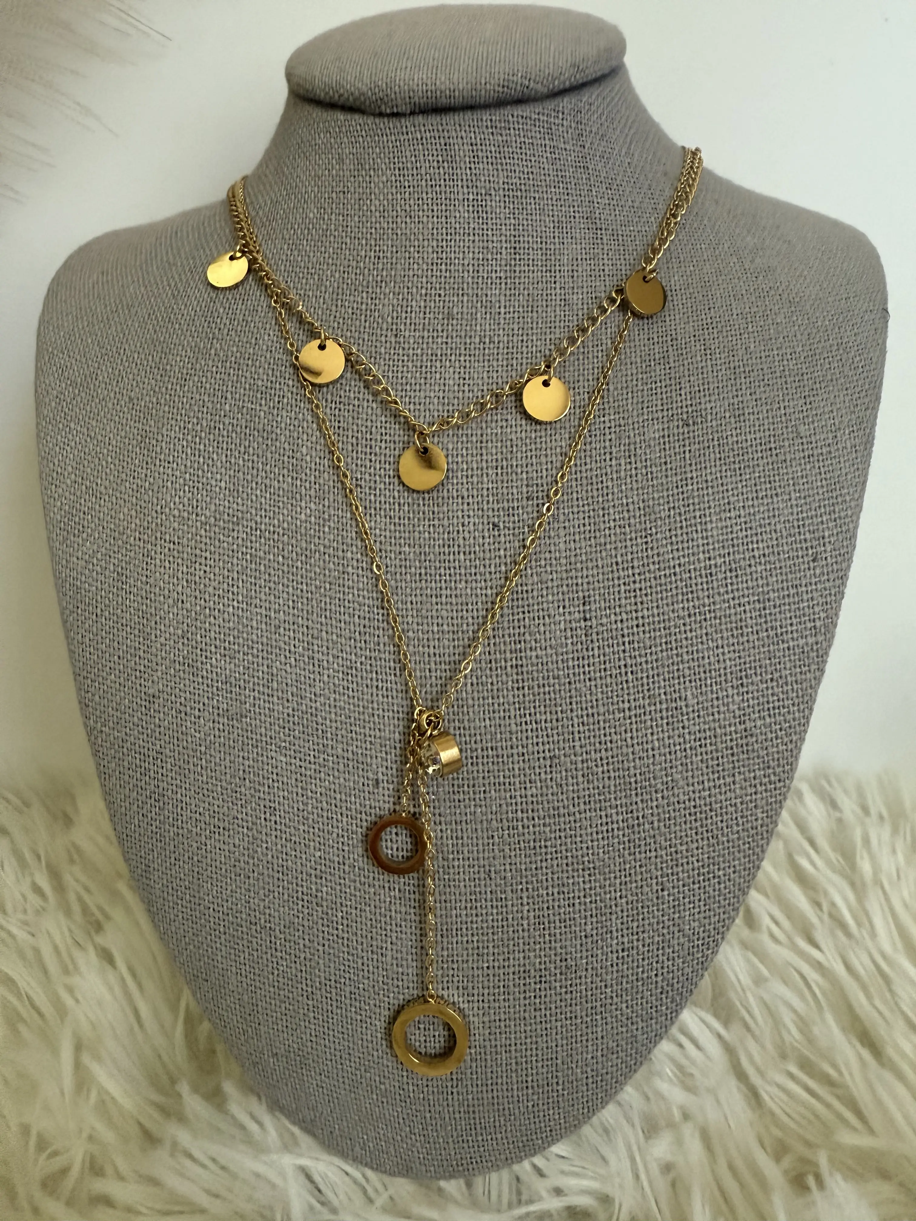 N119- Exclusive Layered Long Circle Necklace With Cubic Zirconia!