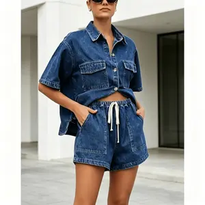 Women's Denim Shirt and Shorts Set Summer Casual Outfit| Button Down Short Sleeve Top & Elastic Waist Wide Leg Jean Shorts  matching sets women  denim two piece set