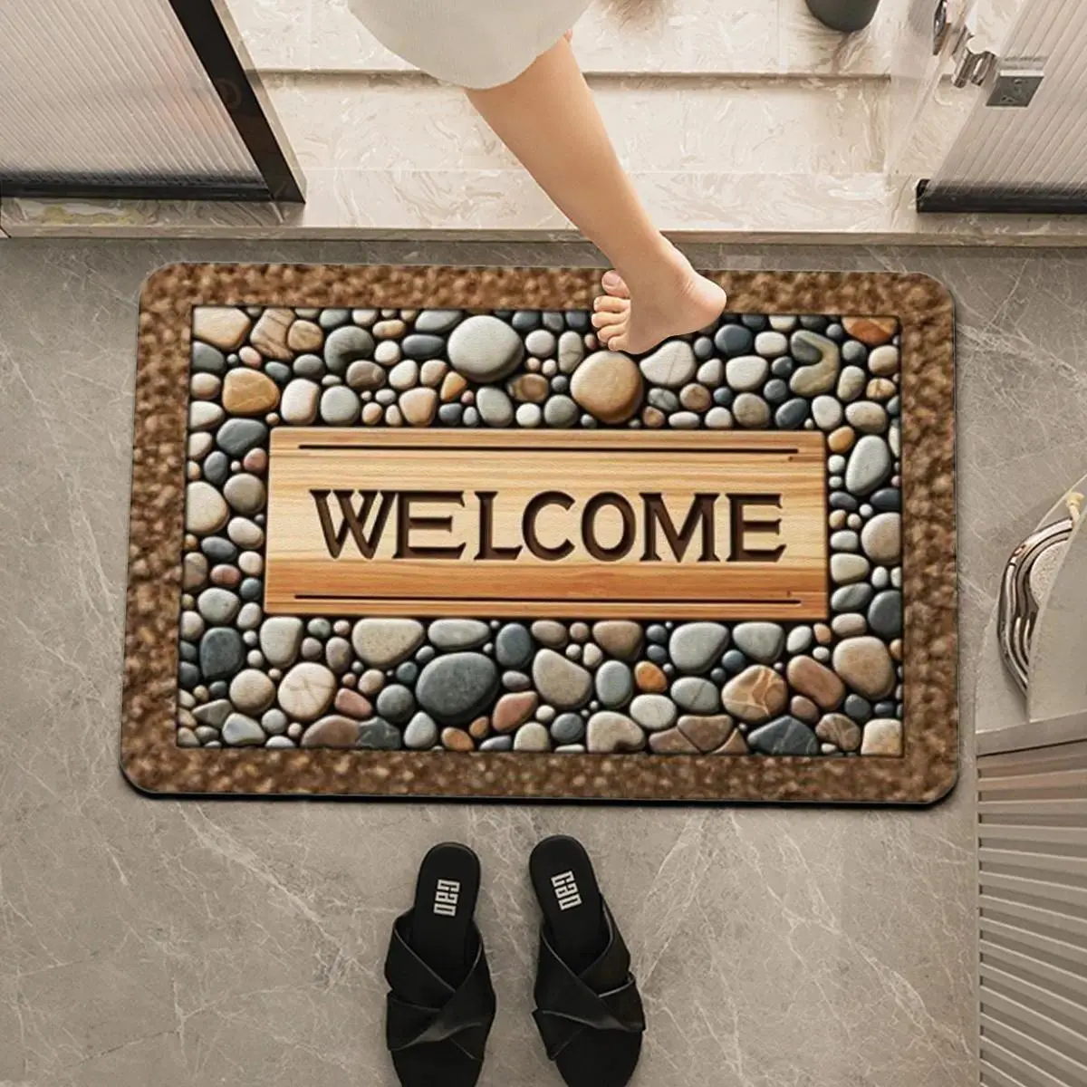 Stone Welcome Door Mat Non-Slip Soft Absorbent Stone Door Mat, Washable Entrance Mat with "Welcome" Design, outdoor  rug Easy To Clean, Farmhouse Decoration