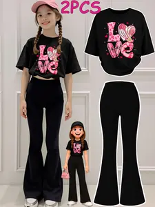 2-Piece Girls' Fashionable Printed Drop-Shoulder T-Shirt & Flared Pants Set; Girls' Long Pants Set for Home and Outings; Comfortable and Soft Set Perfect for Teenagers' Everyday Casual Wear; Summer Outfits Set; Casual Summer Set