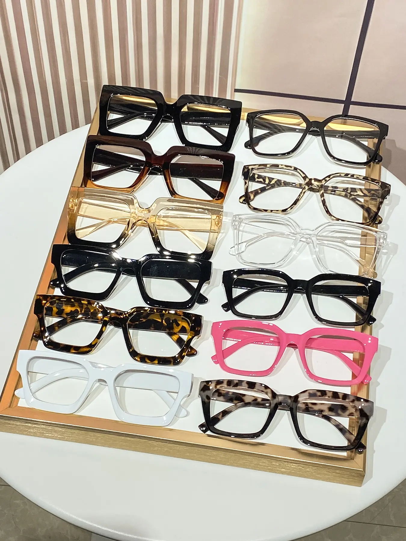 12pcs Women's Plastic Square Frame Mirror Set, Multiple Colors & Styles, Simple Fashion Casual Flat Mirror, Leopard Print Frame, Fashionable Frames Glasses, Leopard Pattern Eyeglasses