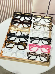12pcs Women's Plastic Square Frame Mirror Set, Multiple Colors & Styles, Simple Fashion Casual Flat Mirror, Leopard Print Frame, Fashionable Frames Glasses