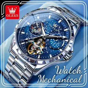 Upscale OLEVS 6689 Skeleton Automatic Mechanical Wristwatch, Sparkling Silver-Blue Starry Dial with Sun-Moon Indicator, Luminous Waterproof Steel Daily Business Accessory Watch for Men