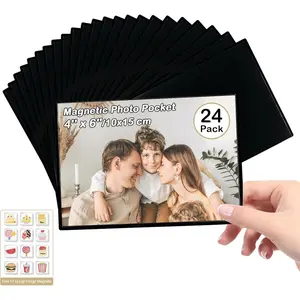 24 PCS Magnetic Picture Frame, Holds 4X6 Inches Pictures, Reusable Black Magnet Fridge Photo Sleeves with for Refrigerator, Locker,Office Cabinet with Free Removable 12 Pcs Food Fridge Magnet