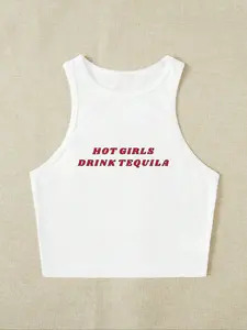 Women's Letter Print Round Neck Tank Top, Casual Sleeveless Top for Summer, Ladies Clothes for Daily Wear