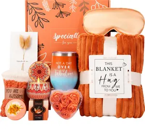 Grandma Christmas Gifts Basket,Orange Birthday Gifts for Mom Women Her Girlfriend Wife Coworker W/Fall Cozy Socks& Blanket,Autumn Self Care Package Bath Set,Thanksgiving, Christmas Gifts Box for Women Haibeot