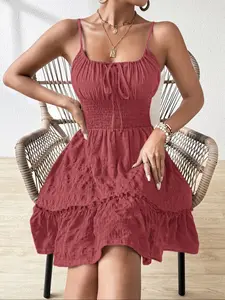 Sweet Aesthetic Ruched Backless Square Neck Layered Fitted Short Dress, Spring Summer Casual Daily Wear, Vintage Simple Design, Womenswear