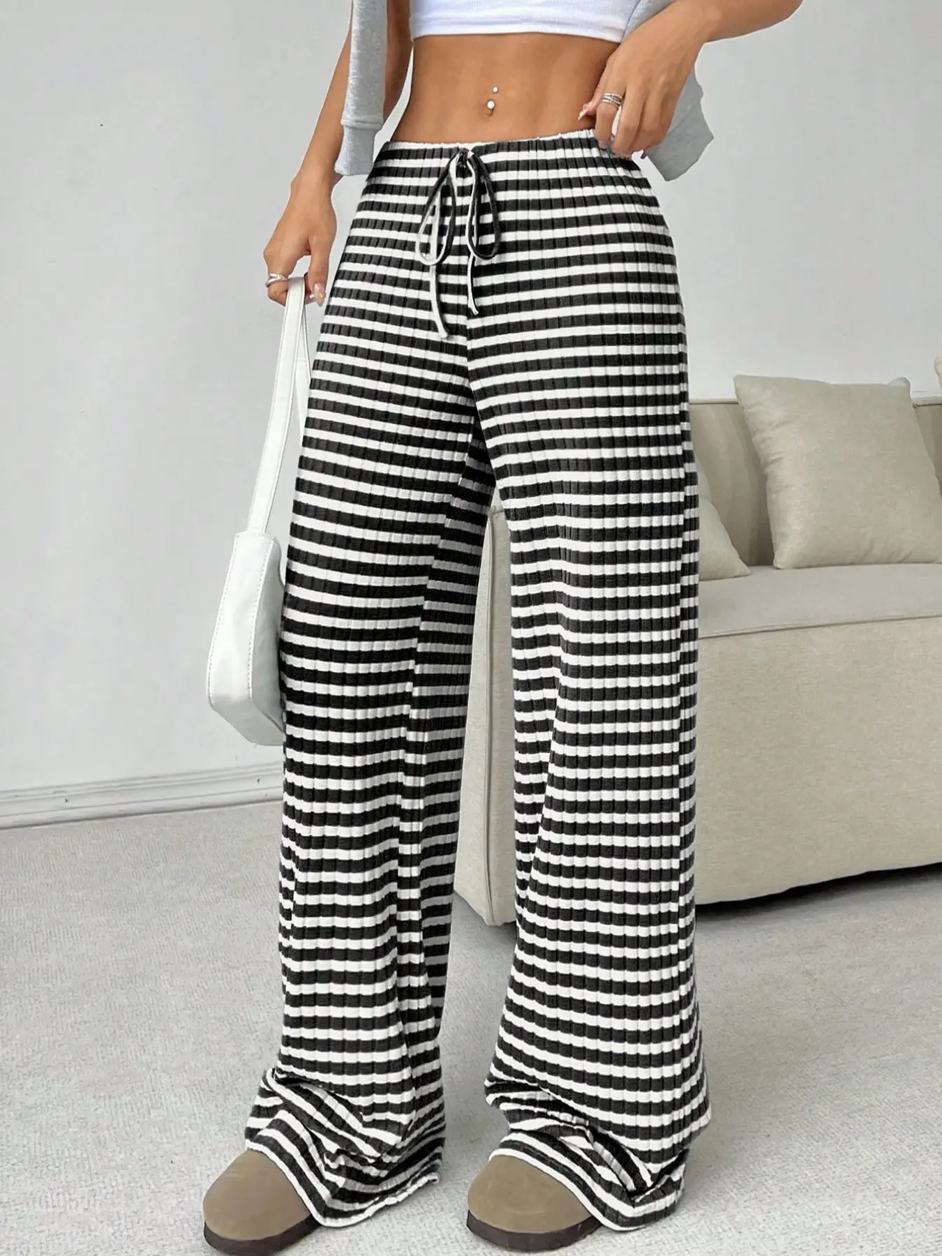 Blue & White Striped Pajama-Style Wide Leg Pants | Effortless Chic Ribbed Lounge Bottoms Casual for Streetwear, Loungewear Homewear, Pajamas Sleepwear, Nightwear, Pjs, Womenswear