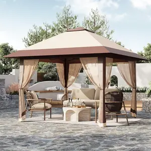 13x13 Pop Up Gazebo Outdoor Canopy Tent with Mosquito Netting and 4 Sandbags Instant Gazebo Tent for Backyard Patio and Garden Furniture (Khaki) Adjustable Shade