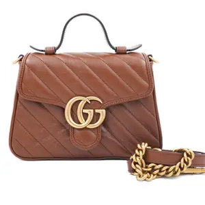 Pre-owned GUCCI Leather Top Handle Marmont Mini Brown JM JM254