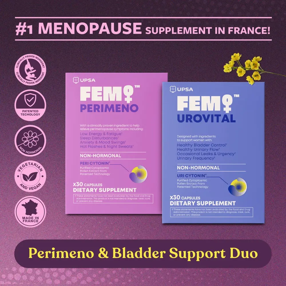 UPSA FEM Perimenopause & Bladder Support Capsules (2 Packs) - Vitamin-Infused, Non-Hormonal Pumpkin Botanical Extracts, Clinically Tested, Vegan, Non-GMO, Made in France, 1 Capsule Daily Natural Supplement for Moms