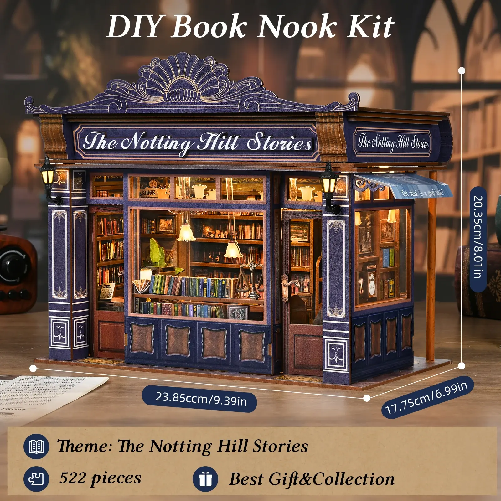 Vintage 3D Wooden Fairy Tale Book Nook Building Model Kit - DIY Assembly, LED Light, Bookshelf Insert Miniature Set, Wooden DIY Kit, Home Decor Craft for Adults 14+