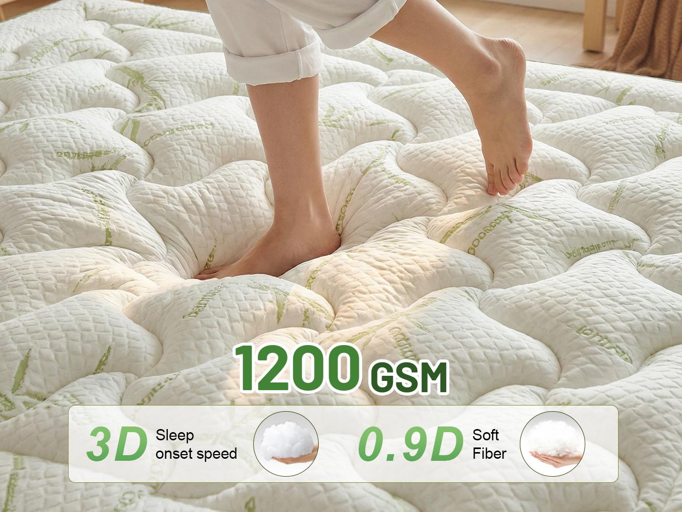 [Back Pain Relief] Raybee 1200gsm Bamboo Fiber Mattress Topper  Pad for Pressure Relief & Better Sleep, 2-4 Inch Microfiber Filling Mattress Protector Cover, Quilted, Machine Washable for Up tp 12" Mattress, Anti-slide, Twin, Full, Queen, King