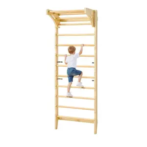 Swedish Ladder Wall Gym, 2-in-1 10-Level Indoor Jungle Gym, 220LBS Loading Solid Wood Gymnastic Stall Bars for Kids & Adults, Indoor Playground Climbing Playset with Pull-Up Bar, Wall Ladder