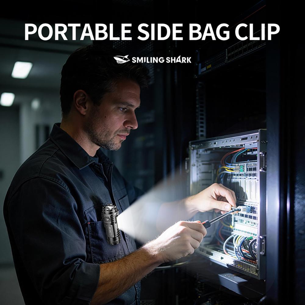 【SD-5474】Small Size Massive Power SMILING SHARK Torch Light Rechargeable Flashlight Led Super Bright with Clip COB Floodlighting 4 Modes Small Outdoor Emergency Hiking Pocket Light 		