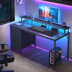 Computer Desk with Power Outlets and LED Lights, Gaming Desk with 4 Drawers, Office Desk with Monitor Stand, Study Work Home Office, Small Spaces, Black