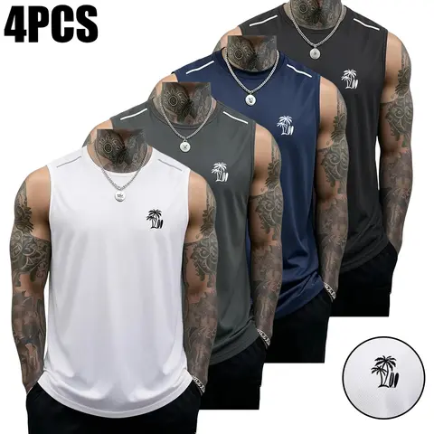 SummerWins Men's 4PCS Casual Gym Vests - Soft Fabric Athletic Fitness Top, Classic Basics, Sleeveless Muscle Shirts, Solid Color Creative Coconut Print, All Seasons Sporty Look Activewear, Menswear Gift (Black+Dark Gray+Navy Blue+White)