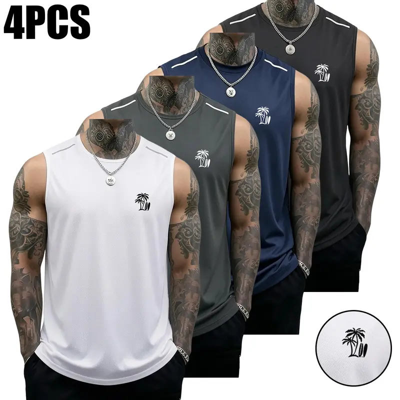 SummerWins Men's 4PCS Casual Gym Vests - Soft Fabric Athletic Fitness Top, Classic Basics, Sleeveless Muscle Shirts, Solid Color Creative Coconut Print, All Seasons Sporty Look Activewear, Menswear Gift (Black+Dark Gray+Navy Blue+White)