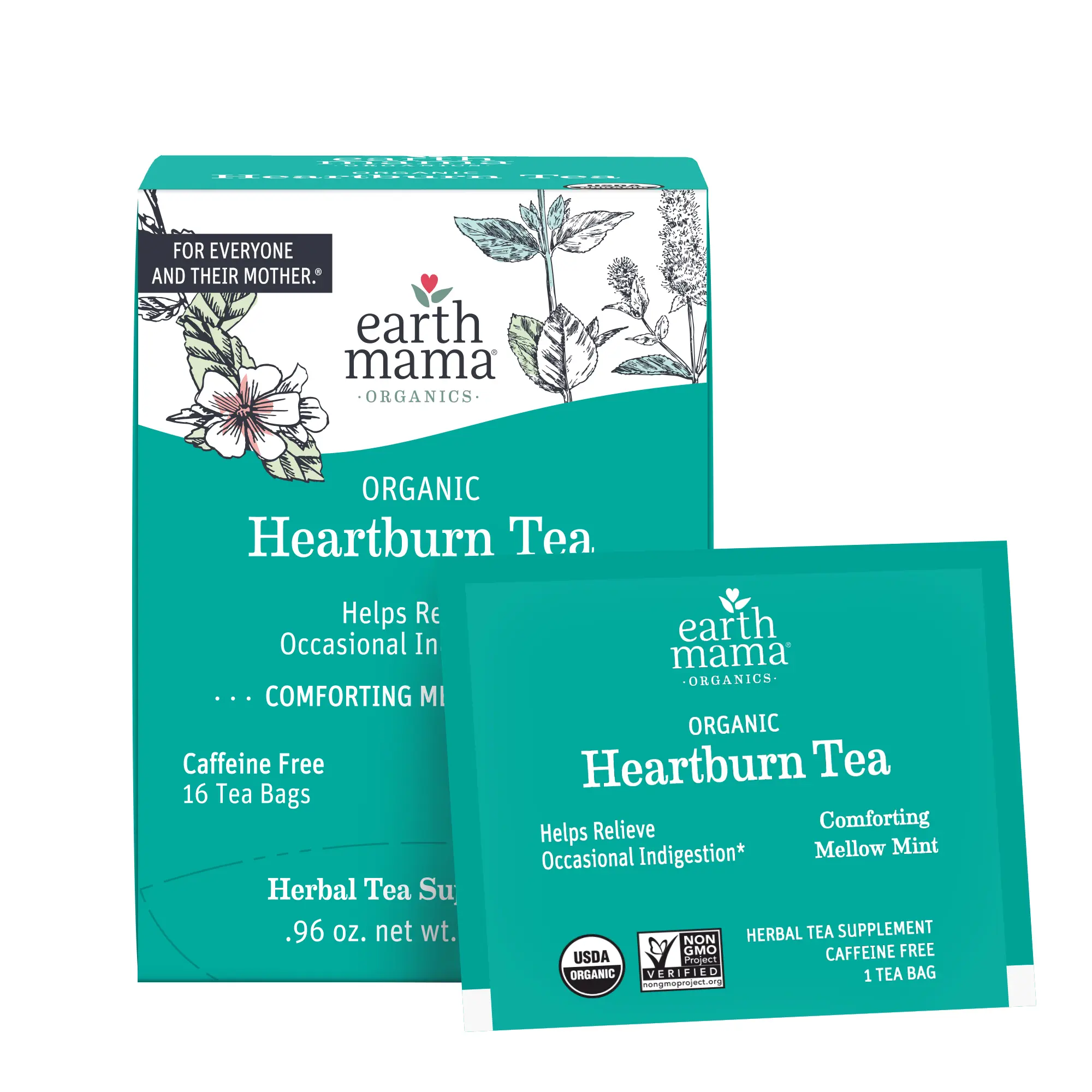 Earth Mama Organic Heartburn Tea – USDA Organic Herbal Tea with Marshmallow Root & Chamomile – Caffeine-Free – 16 Tea Bags