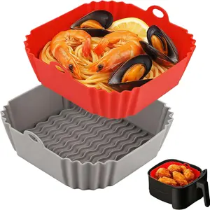 Silicone Air Fryer Liner 2pcs Reusable 8 Inches Square Rotundity for 4 to 7 QT Ovens & Microwaves Red Grey Air Fryer Accessories
