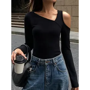 Asymmetrical Single Shoulder Slim Fit Top - Sexy V-Neck, Long Sleeve, Solid Color, Non-Padded, Slight Stretch, Regular Length for Women, Versatile Fashion|Slim Top|Sleek Texture Fabric Shirts