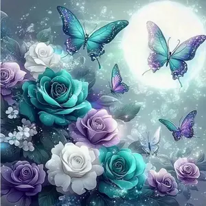Teal Rose Purple Butterfly Moon 5D Full Drill Diamond Painting Kit Ethereal Diamond Pattern Design with Shimmering Sparkle and Floral Accents Romantic Night Art Style DIY Art for Home Wall Decor Ideal Gift for Floral Art Fans and Craft Enthusiasts