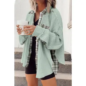 Grass Green Plaid Patchwork Waffle Thermal Knit Shacket