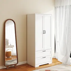 Wooden wardrobe, independent metal hanging rod clothes storage cabinet, double-door wardrobe, with two drawers plus an adjustable bookshelf, suitable for bedrooms, living rooms, laundry rooms and walk-in closets