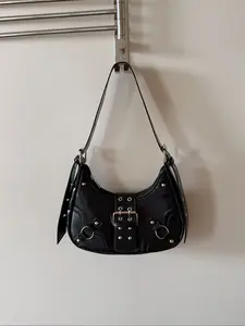 Cool Chic Biker Style Underarm Bag for Women, Trendy Commuter Shoulder Bag with Studded Crescent Shape, Versatile Crossbody Purse