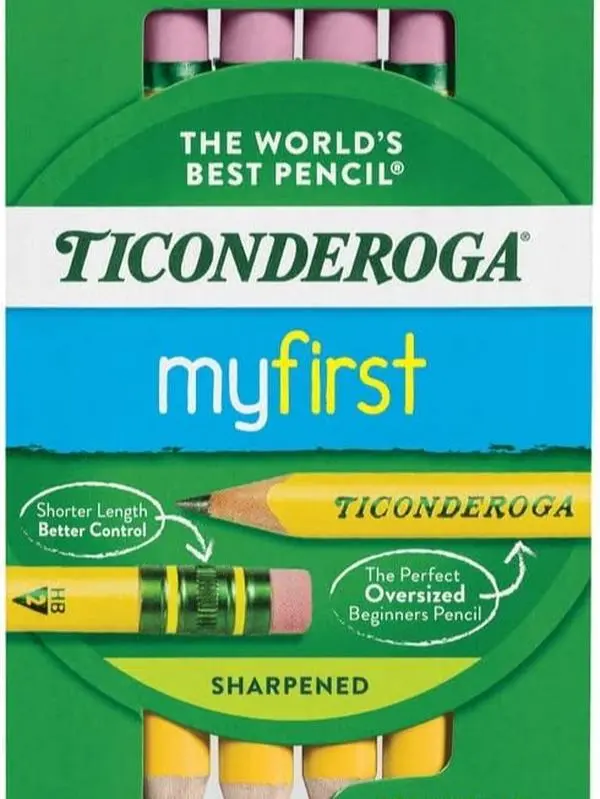 Ticonderoga My First Short Triangular Wood-Cased Pencils, #2 HB Soft Lead, With Attached Erasers, Yellow, 4-Count Office Writing Supplies