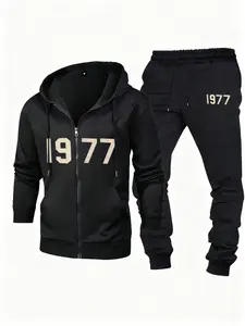 Men's Vintage Year 1977 Sportswear Set, Retro Digital Print Street Style, Zip Hoodie & Jogger Pants, Main Color, All Seasons, Streetwear Tracksuit Set