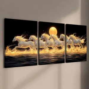 Wooden Framed Canvas Painting, 3 Counts/set Horse Pattern Wall Art, Modern Wall Decor for Home Living Room Bedroom Office