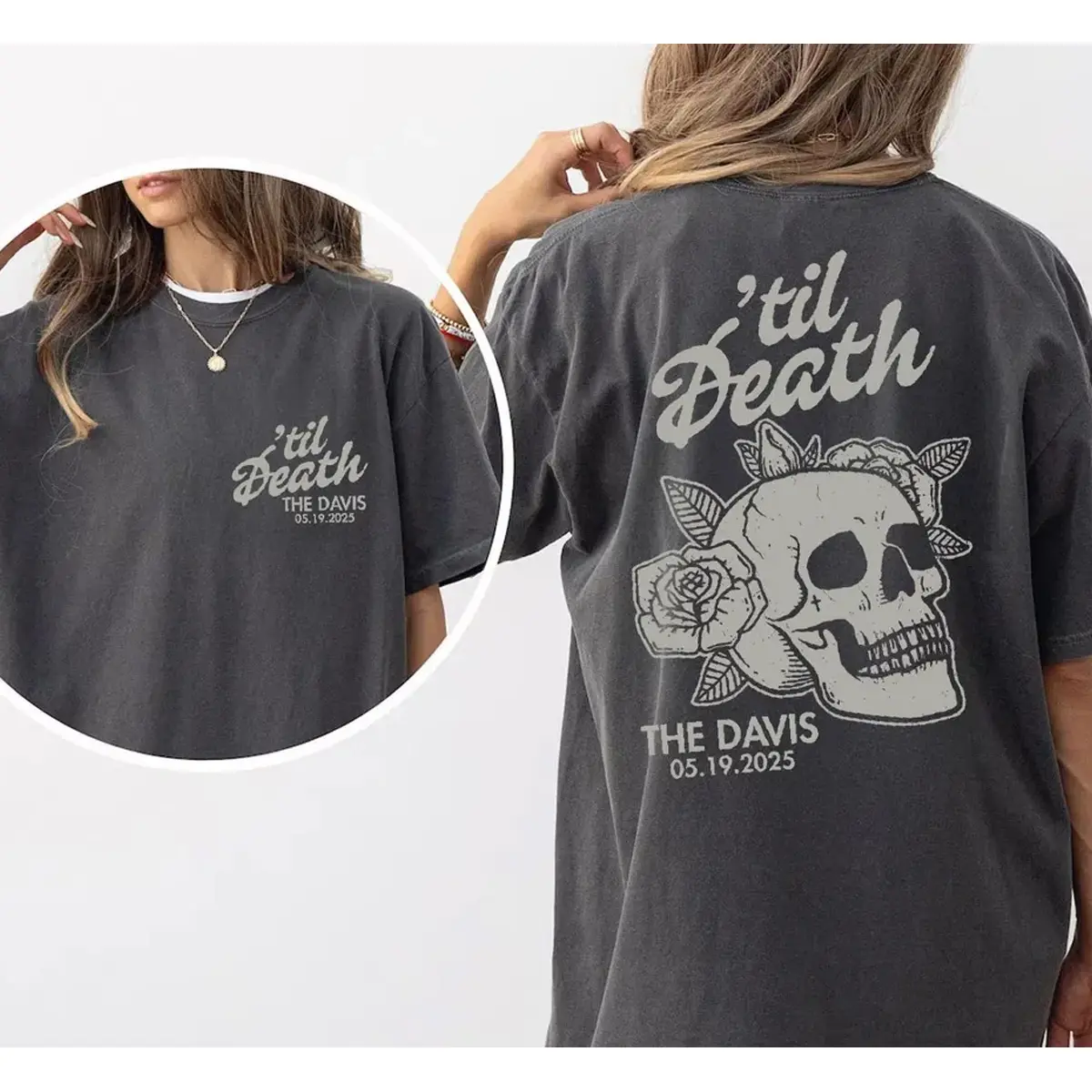 Custom Til Death Shirt, Skeleton Bride Wedding T-Shirt, Personalized Wedding Date Tee, Newlywed Couple Shirt, Gothic Marriage Gift