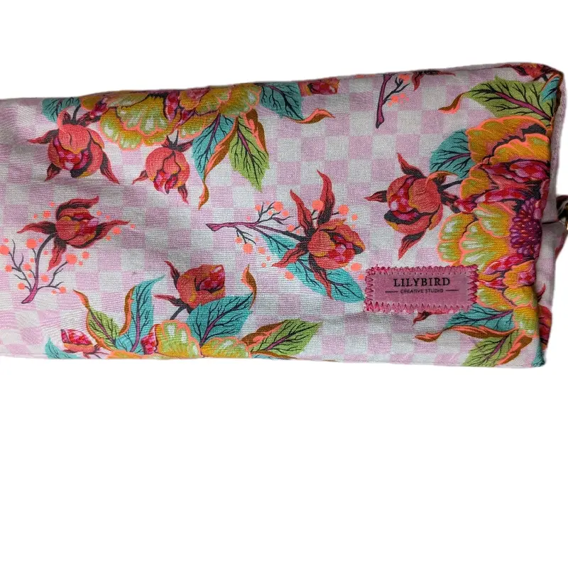 Pink Peony Anything Bag - Floral and leaf pattern with large peony motif on pink checkered background and gold colored hardware