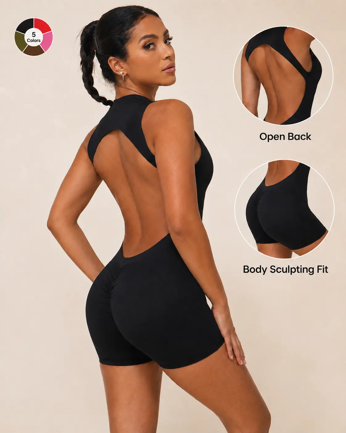 High Neck Open Back Sculpt Short Yoga Bodysuit, Quick Dry 4-Way Stretch Butt Lifting Workout Jumpsuit for Women Pilates Gym