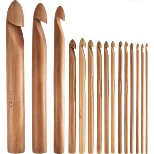 15 Pieces Wooden Bamboo Crochet Hooks Set 3 to 25 mm in Diameters Handcrafted Knitting Needles Weave Yarn Craft