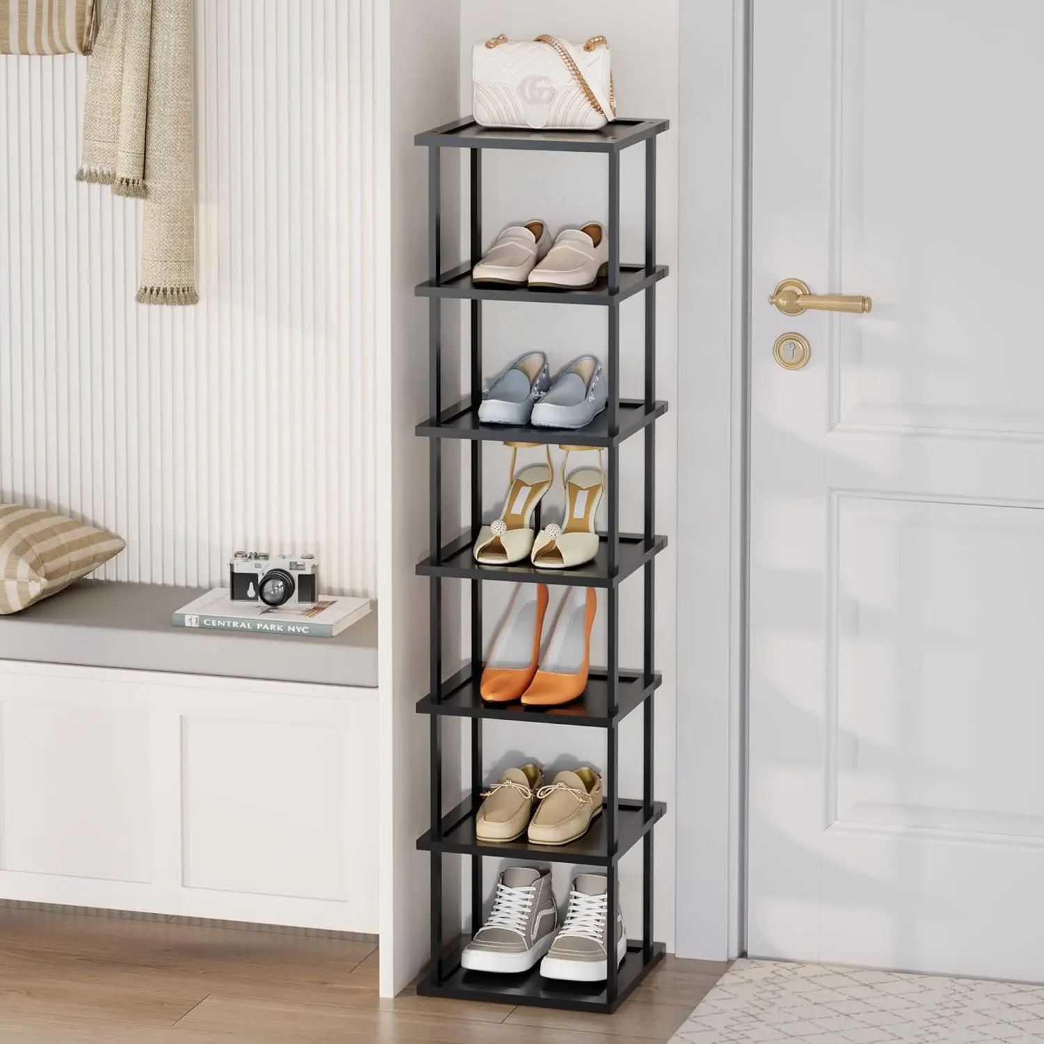 Vertical Tall Shoe Rack Organizer for Entryway -7 Tier Free Standing Slim Narrow   Corner Stackable Shoe Boots Storage Stand Small Spaces for Closet Garage Cloakroom Living Room (Black)
