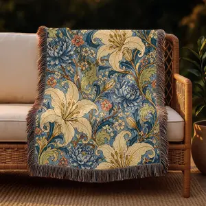 Woven Blue Lily Throw Blanket: Vintage Botanical Art, William Morris Style