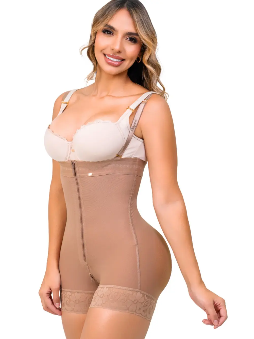 Stagmi SMI7151 Strapless Colombian Faja Body Shaper, Short-Cut Tummy Control Shapewear, Hidden Front Zipper, Anti-Roll Fit, Removable Side Support, Free Matching Thong, Lightweight, Fitted
