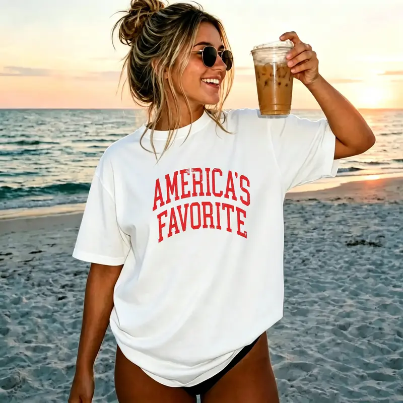 Women's Preppy Retro Cotton 4th of July T-Shirt - Oversized USA Patriotic Graphic Top, Casual, Lightweight All-Seasons Fabric, Smooth Soft Solid Short-Sleeve Round Neck Seamless Aesthetic Women's Top